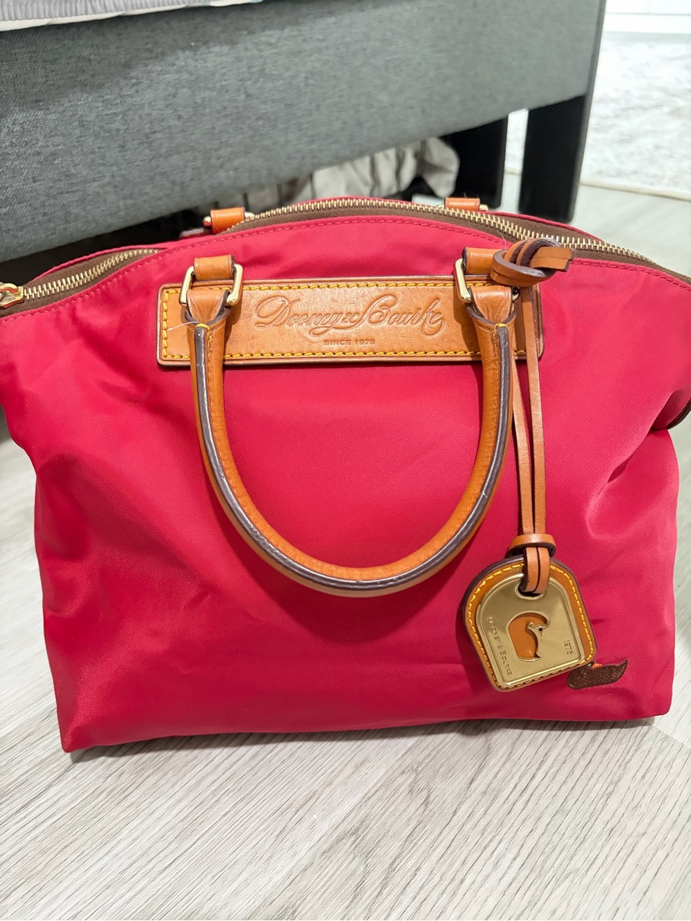 Dooney & Bourke Red Nylon Satchel with Tan Leather Trim and Gold Hardware